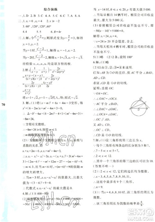 陕西人民教育出版社2023寒假作业与生活九年级数学人教版A版参考答案