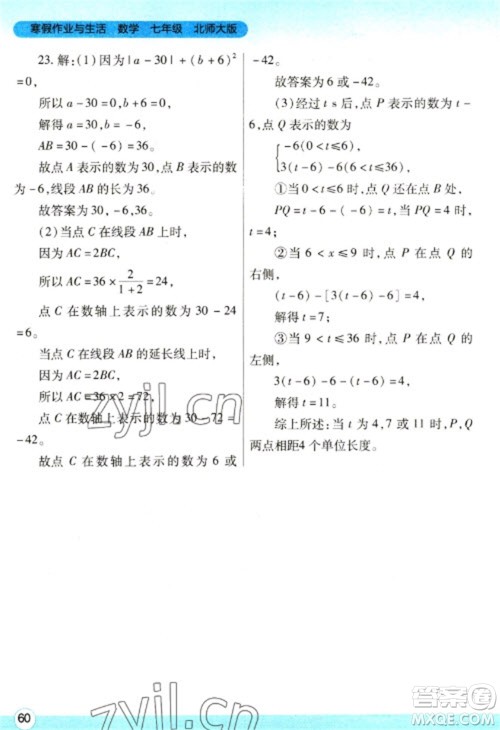 陕西师范大学出版总社2023寒假作业与生活七年级数学北师大版参考答案