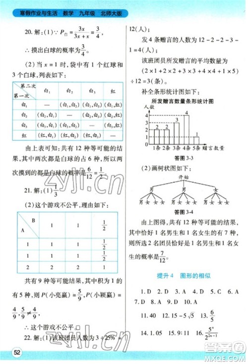 陕西师范大学出版总社2023寒假作业与生活九年级数学北师大版参考答案