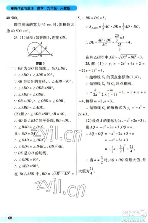 陕西师范大学出版总社2023寒假作业与生活九年级数学人教版参考答案