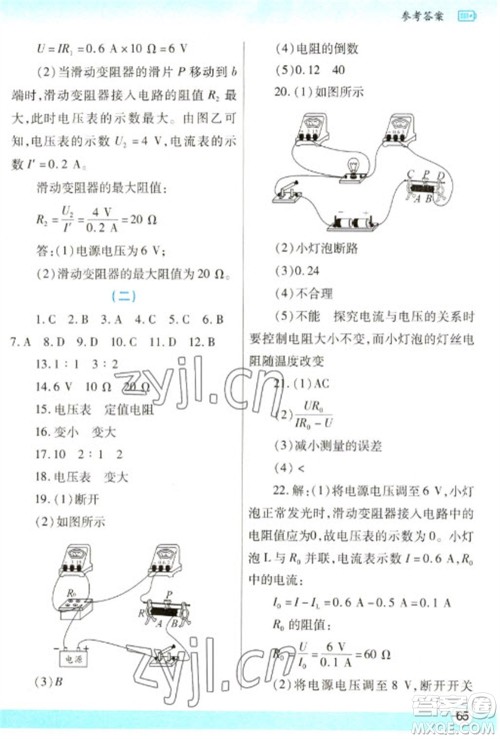 陕西师范大学出版总社2023寒假作业与生活九年级物理苏科版参考答案