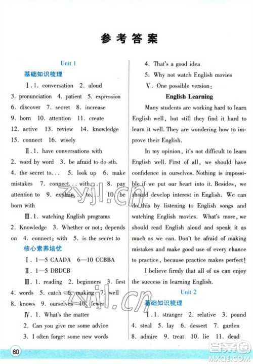 陕西师范大学出版总社2023寒假作业与生活九年级英语人教版参考答案