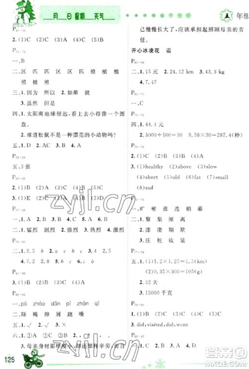 延边人民出版社2023优秀生快乐假期每一天全新寒假作业本五年级合订本通用版海南专版参考答案