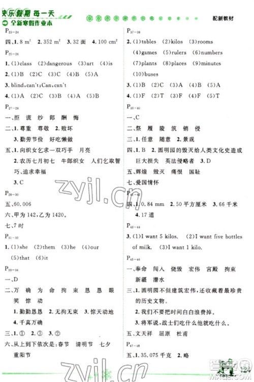 延边人民出版社2023优秀生快乐假期每一天全新寒假作业本五年级合订本通用版海南专版参考答案