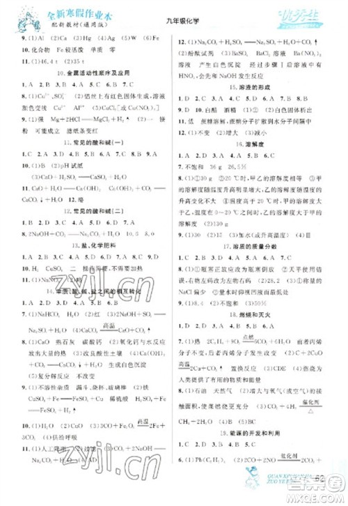 延边人民出版社2023优秀生快乐假期每一天全新寒假作业本九年级化学人教版中考复习版参考答案