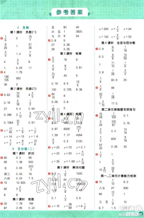 江西教育出版社2023阳光同学计算小达人六年级下册数学人教版参考答案 江西教育出版社2023阳光同学计算小达人六年级下册数学人教版参考答案