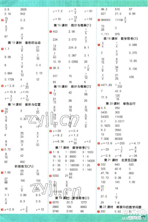 江西教育出版社2023阳光同学计算小达人六年级下册数学人教版参考答案