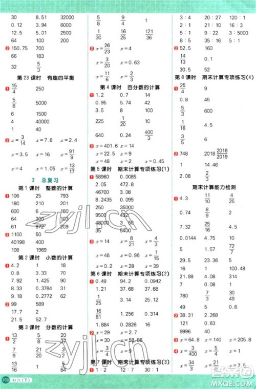 江西教育出版社2023阳光同学计算小达人六年级下册数学人教版参考答案