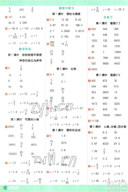 江西教育出版社2023阳光同学计算小达人六年级下册数学北师大版参考答案