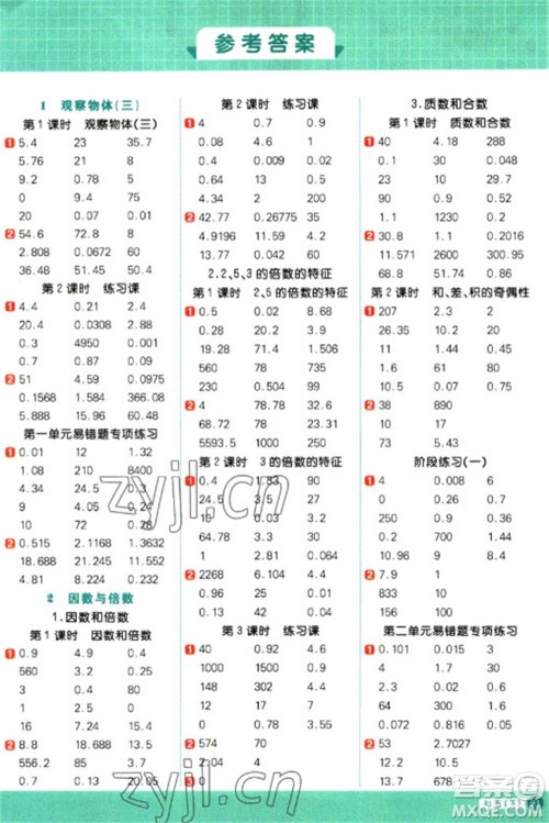 江西教育出版社2023阳光同学计算小达人五年级下册数学人教版参考答案