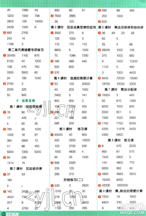 江西教育出版社2023阳光同学计算小达人四年级下册数学人教版参考答案