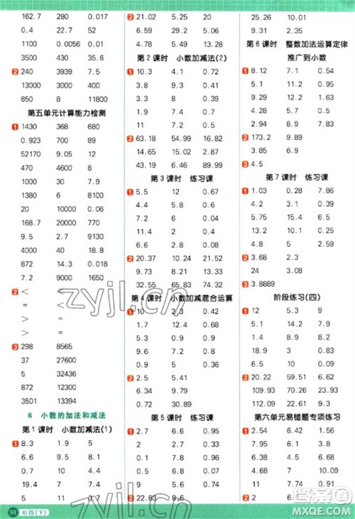 江西教育出版社2023阳光同学计算小达人四年级下册数学人教版参考答案
