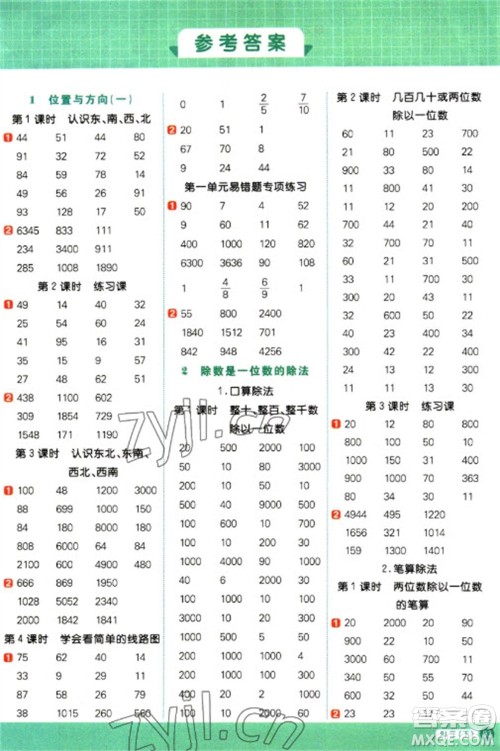江西教育出版社2023阳光同学计算小达人三年级下册数学人教版参考答案