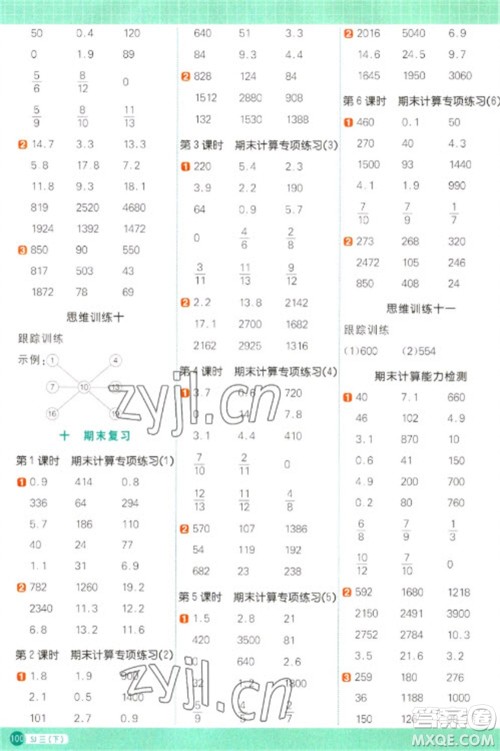 江西教育出版社2023阳光同学计算小达人三年级下册数学苏教版参考答案
