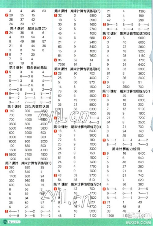 江西教育出版社2023阳光同学计算小达人二年级下册数学人教版参考答案