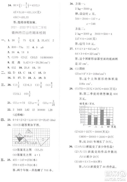 西安出版社2023春季53全优卷六年级下册数学北师大版参考答案