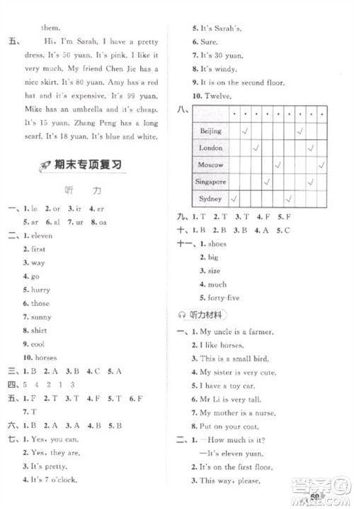 西安出版社2023春季53全优卷四年级下册数英语人教PEP版参考答案