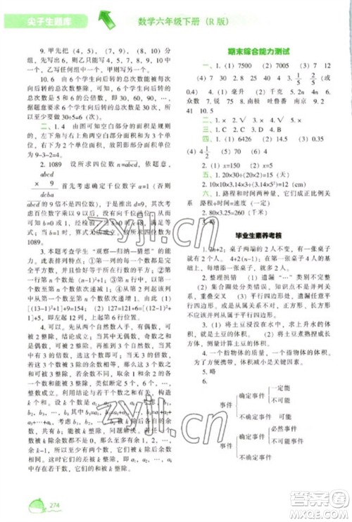 辽宁教育出版社2023尖子生题库六年级下册数学人教版参考答案 辽宁教育出版社2023尖子生题库六年级下册数学人教版参考答案