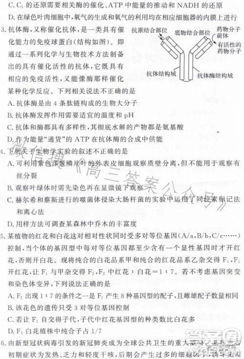 湘豫名校联考2023年2月高三春季入学摸底考试理科综合试卷答案 湘豫名校联考2023年2月高三春季入学摸底考试理科综合试卷答案
