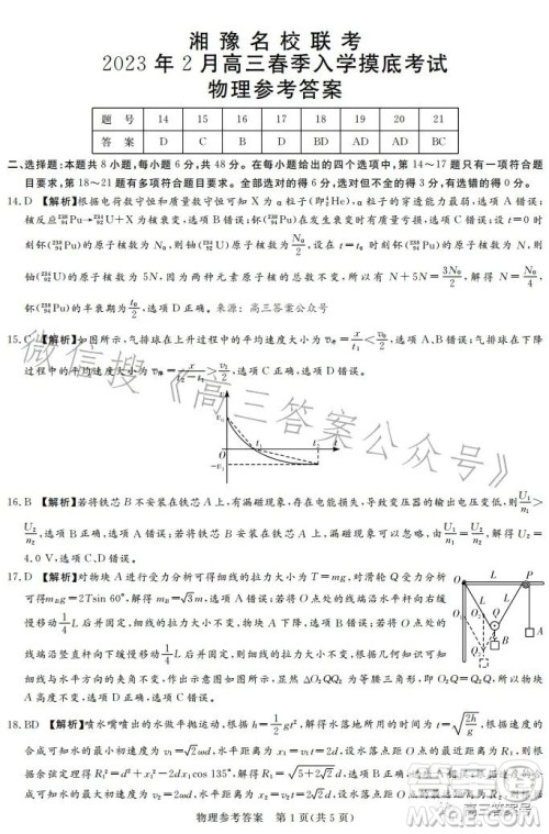 湘豫名校联考2023年2月高三春季入学摸底考试理科综合试卷答案 湘豫名校联考2023年2月高三春季入学摸底考试理科综合试卷答案