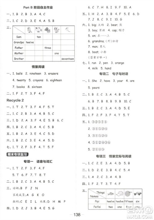 开明出版社2023全品学练考三年级下册英语人教PEP版参考答案