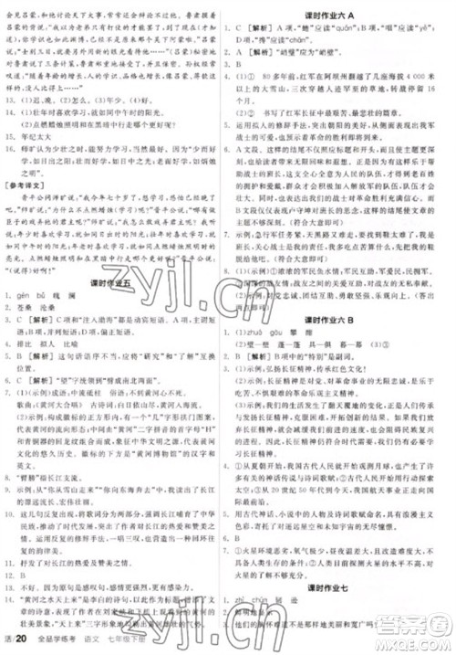 阳光出版社2023全品学练考七年级下册语文人教版参考答案