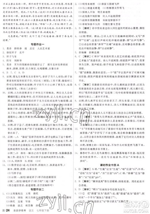 阳光出版社2023全品学练考七年级下册语文人教版参考答案