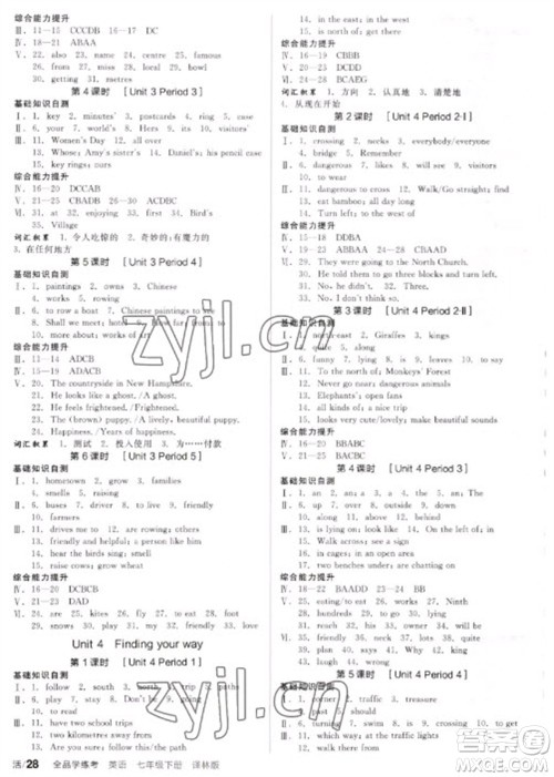 阳光出版社2023全品学练考七年级下册英语译林牛津版徐州专版参考答案