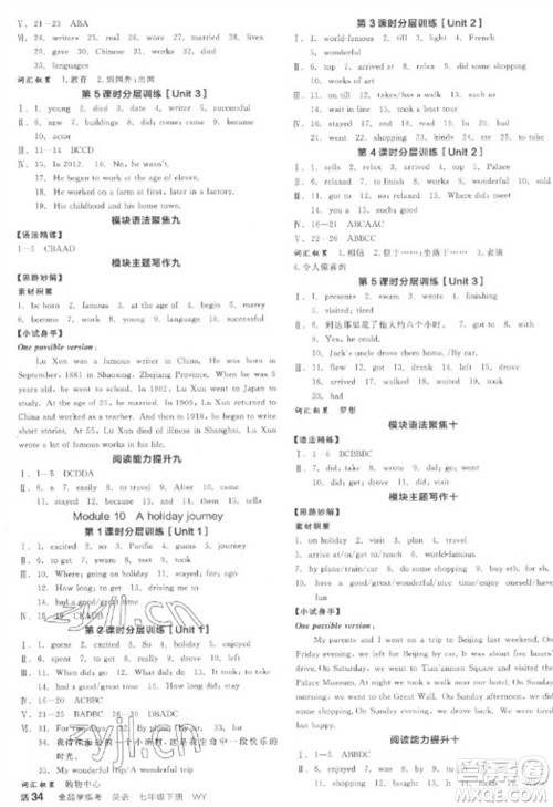 天津人民出版社2023全品学练考七年级下册英语外研版浙江专版参考答案