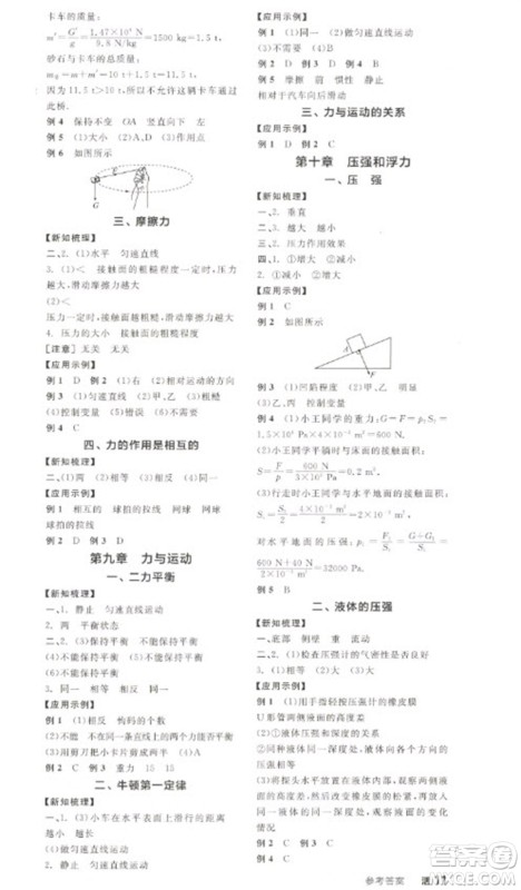 阳光出版社2023全品学练考八年级下册物理苏科版参考答案