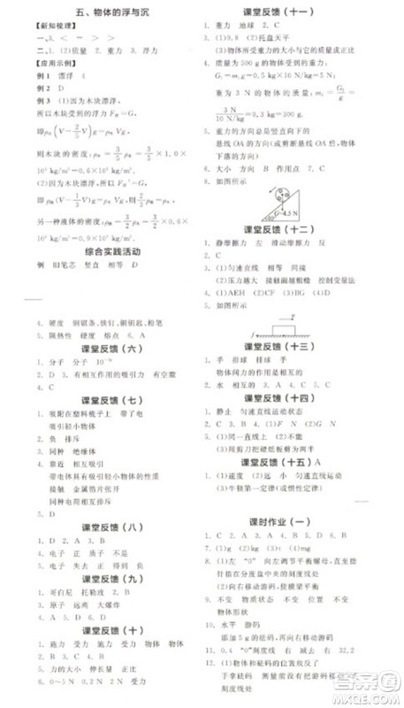 阳光出版社2023全品学练考八年级下册物理苏科版参考答案