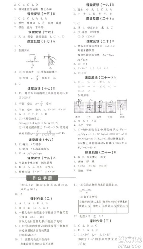 阳光出版社2023全品学练考八年级下册物理苏科版参考答案