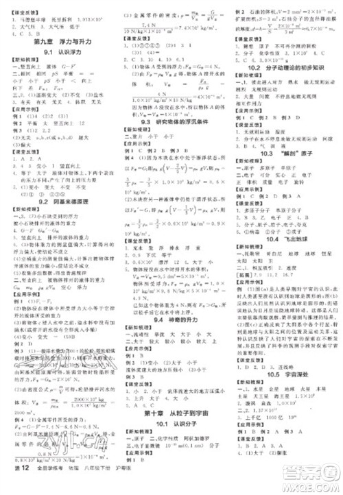 阳光出版社2023全品学练考八年级下册物理沪粤版参考答案