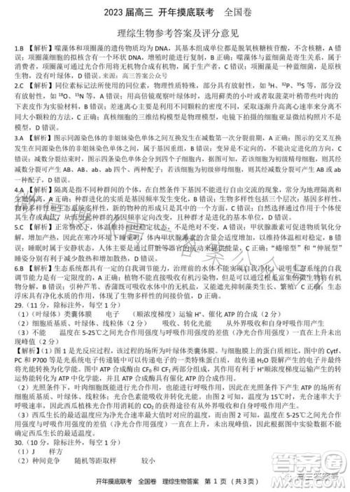 百师联盟2023届高三开年摸底联考全国卷理科综合试题答案 百师联盟2023届高三开年摸底联考全国卷理科综合试题答案