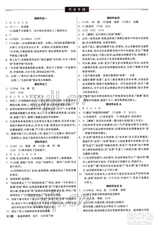阳光出版社2023全品学练考九年级下册语文人教版参考答案