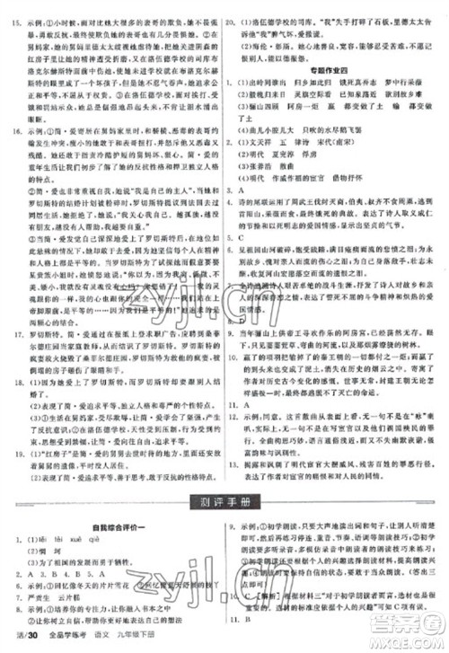 阳光出版社2023全品学练考九年级下册语文人教版参考答案
