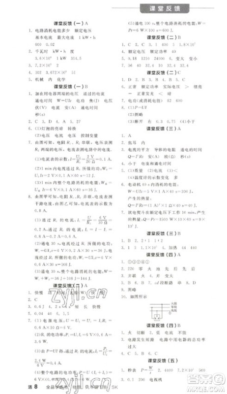 天津人民出版社2023全品学练考九年级下册物理苏科版参考答案