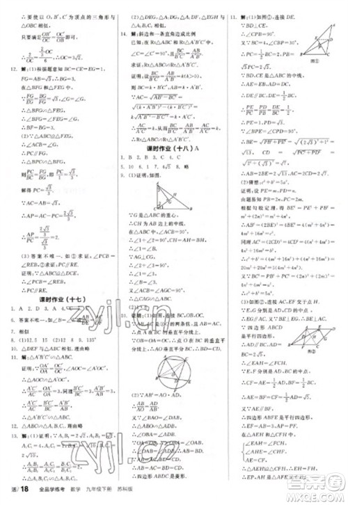 天津人民出版社2023全品学练考九年级下册数学苏科版参考答案