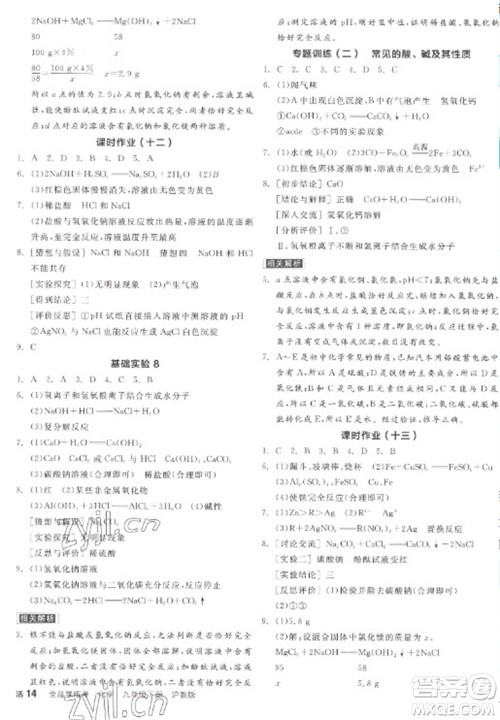 阳光出版社2023全品学练考九年级下册化学沪教版参考答案