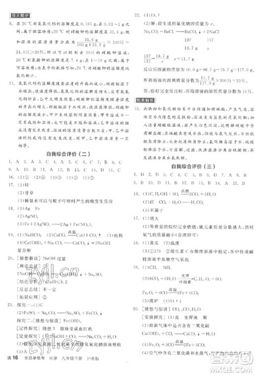 阳光出版社2023全品学练考九年级下册化学沪教版参考答案