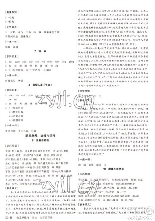 阳光出版社2023全品学练考九年级下册语文人教版徐州专版参考答案