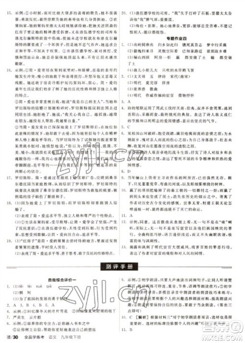 阳光出版社2023全品学练考九年级下册语文人教版徐州专版参考答案