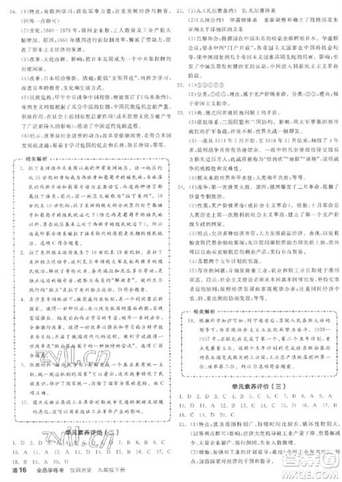 阳光出版社2023全品学练考九年级下册世界历史人教版江西专版参考答案