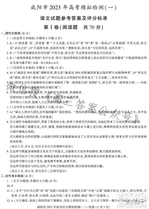 咸阳市2023年高考模拟检测一语文试卷答案 咸阳市2023年高考模拟检测一语文试卷答案