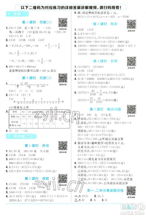 江西教育出版社2023阳光同学课时优化作业六年级数学下册人教版参考答案