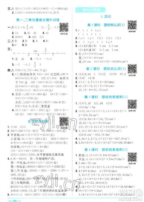 江西教育出版社2023阳光同学课时优化作业六年级数学下册人教版参考答案