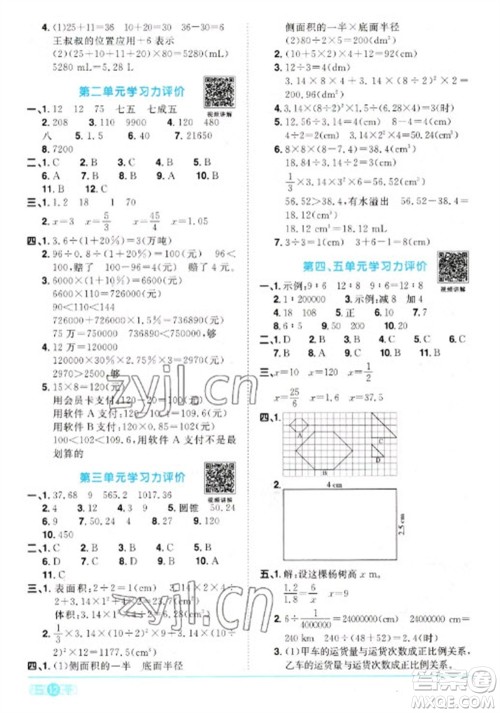 江西教育出版社2023阳光同学课时优化作业六年级数学下册人教版参考答案