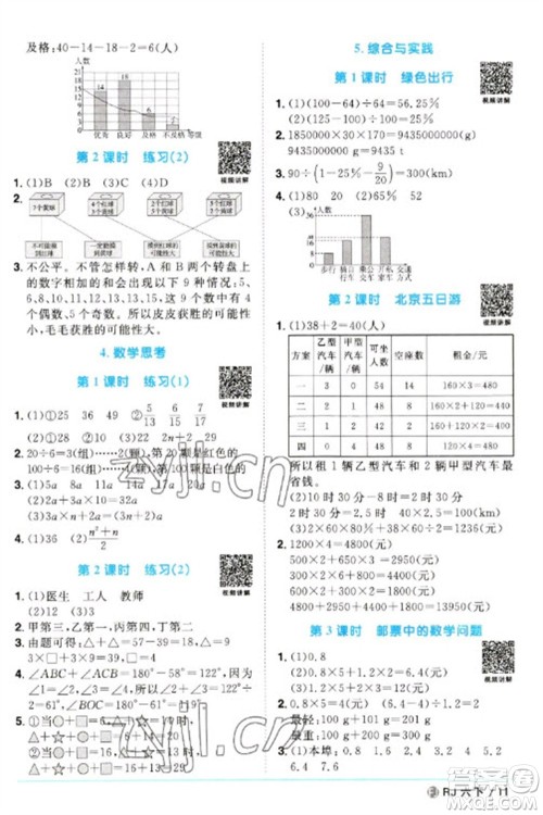 福建少年儿童出版社2023阳光同学课时优化作业六年级数学下册人教版福建专版参考答案 福建少年儿童出版社2023阳光同学课时优化作业六年级数学下册人教版福建专版参考答案