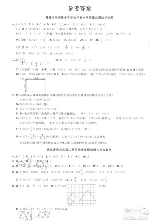 江西教育出版社2023阳光同学课时优化作业六年级数学下册青岛版参考答案 江西教育出版社2023阳光同学课时优化作业六年级数学下册青岛版参考答案