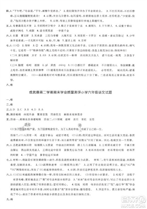江西教育出版社2023阳光同学课时优化作业六年级语文下册人教版菏泽专版参考答案